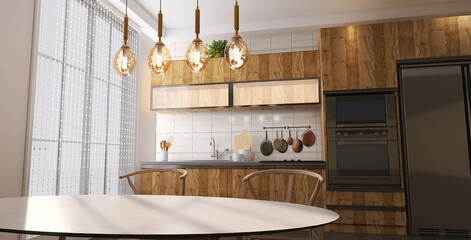 Canvas Print - Kitchen interior design 3d render, 3d illustration