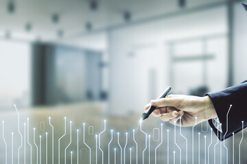 Aufkleber - Man hand with pen draws abstract virtual microscheme illustration on blurred office background. Big data and database concept. Multiexposure