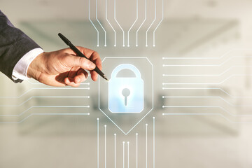 Poster - Double exposure of male hand with pen working with virtual creative lock hologram with chip on blurred office background. Information security concept
