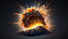  A Volcano Exploding With A Black Background And Yellow And Orange Smoke Coming Out Of The Top Of The Volcano, With A Black Background And Orange Smoke Coming Out.  Generative Ai