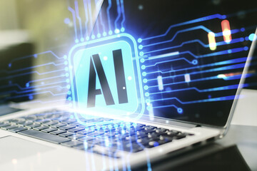 Aufkleber - Double exposure of creative artificial Intelligence icon with modern laptop on background. Neural networks and machine learning concept