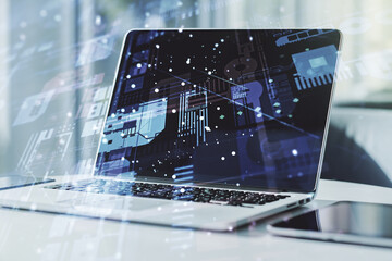 Poster - Abstract creative coding concept on modern laptop background. Multiexposure