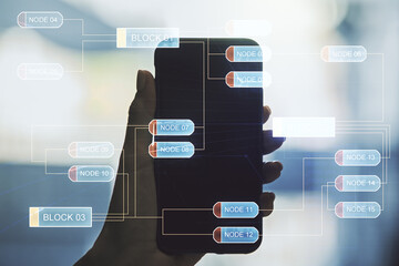 Aufkleber - Abstract creative coding concept and hand with phone on background. Multiexposure