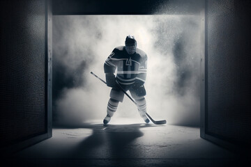 Ice hockey player ready for match in stadium with smoke and spotlights around.