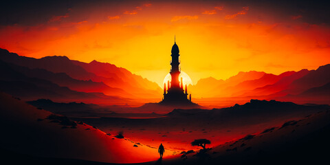 Wall Mural - The silhouette of the towering minaret stands proud against the breathtaking sunset sky