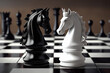 Chess pieces on a chess board close up, white and black, horse queen and king
