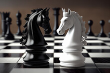 Chess Pieces On A Chess Board Close Up, White And Black, Horse Queen And King