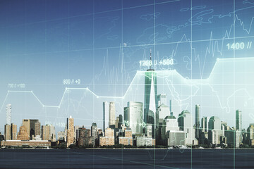 Poster - Multi exposure of abstract statistics data hologram interface on Manhattan office buildings background, computing and analytics concept