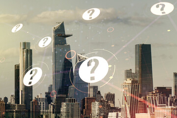 Aufkleber - Double exposure of abstract virtual question mark hologram on New York city skyscrapers background. Sociology and psychology concept