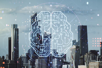 Poster - Double exposure of creative artificial Intelligence interface on New York city skyscrapers background. Neural networks and machine learning concept