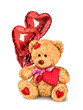 Cute teddy bear and red heart balloons. Illustration 