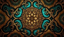  A Computer Generated Image Of A Gold And Blue Pattern With Swirls And Waves On A Black Background With A Gold And Teal Color Scheme.  Generative Ai
