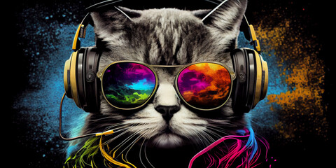 Wall Mural - Cat in headphone with sunglasses in bright clothes.