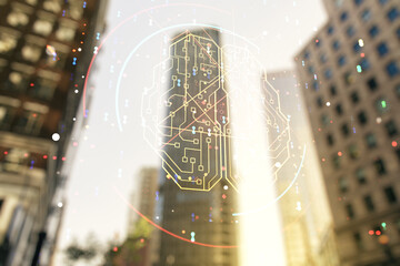 Poster - Virtual creative artificial Intelligence hologram with human brain sketch on modern architecture background. Double exposure