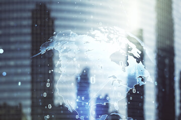 Poster - multi exposure of abstract software development hologram and world map on modern skyscrapers backgro