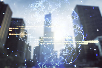 Poster - Multi exposure of abstract creative coding sketch and world map on office buildings background, artificial intelligence and neural networks concept