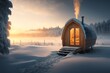 Wooden outdoor sauna on a beautiful cold snowy winter day. Generative AI
