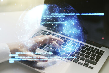 Aufkleber - Abstract creative coding illustration with world map and hands typing on laptop on background, international software development concept. Multiexposure