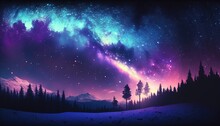  A Night Sky With Stars And A Purple And Blue Sky With Trees And A Snow Covered Hill With Snow On The Ground And Stars In The Sky.  Generative Ai