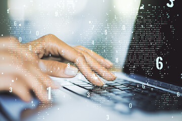 Poster - Multi exposure of abstract graphic coding sketch with world map and hands typing on computer keyboard on background, big data and networking concept
