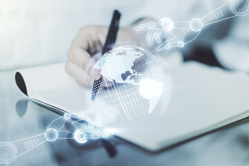 Aufkleber - Creative concept of robotics technology with globe sketch and man hand writing in notebook on background. Robot development and automation concept. Multiexposure