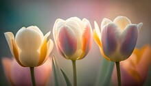  A Group Of Tulips With A Blurry Back Ground And A Blue Sky In The Back Ground And A Pink And Yellow Tulip In The Middle.  Generative Ai