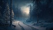  a snowy path in a forest with a full moon in the sky and trees in the foreground, with snow on the ground and snow on the ground.  generative ai