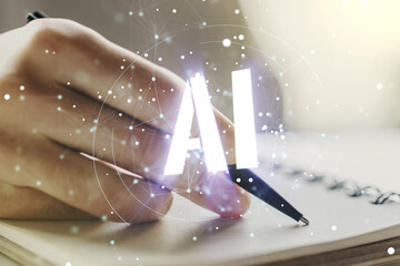 Poster - Creative artificial Intelligence symbol concept with man hand writing in notebook on background. Multiexposure