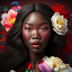 Wall Mural - Close up portrait of a beautiful asian woman with flowers in hair. Generative AI..