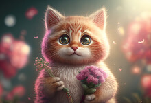 Illustration Of Cute Pink Sad Kitten Holding Bouquet Of Flowers. Generative AI.