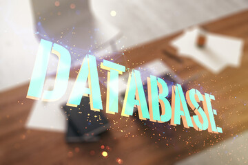 Poster - Double exposure of Database word sign and modern desktop with computer on background, global research and analytics concept