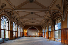 Large Hall Of Abandoned Building In Gothic Style