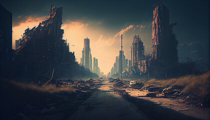 A postapocalyptic ruined city, destroyed buildings in a modern city after apocalypse, generative ai