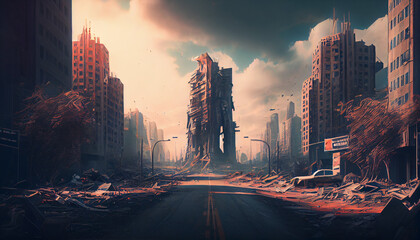 Wall Mural - A postapocalyptic ruined city, destroyed buildings in a modern city after apocalypse, generative ai