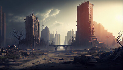 Wall Mural - A postapocalyptic ruined city, destroyed buildings in a modern city after apocalypse, generative ai