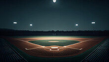 Fictional Dark And Quiet Baseball Diamond With Empty Stands At Night