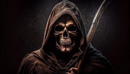 The grim reaper with a scythe portrait of the teath, generative ai