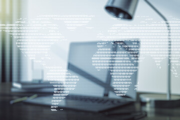 Poster - abstract creative world map on modern laptop background, international trading concept. multiexposur