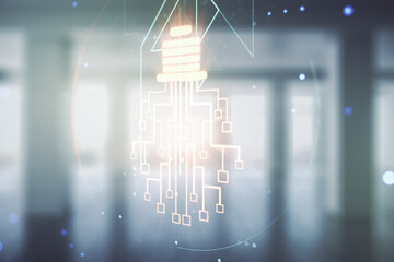Poster - Double exposure of virtual creative light bulb hologram with chip on empty modern office background, idea and brainstorming concept