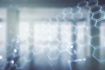 Poster - Abstract virtual wireless technology hologram with hexagon on empty modern office background. Big data and database concept. Multiexposure