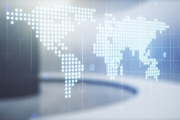 Aufkleber - Double exposure of abstract digital world map hologram on empty room interior background, big data and blockchain concept