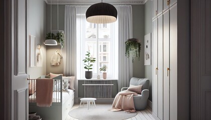 Wall Mural - Children's room, white and soft gray colors, plants, bed and sofa, modern minimalism Scandinavian  - generative ai