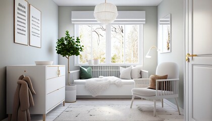 Wall Mural - Children's room, white and soft gray colors, plants, bed and sofa, modern minimalism Scandinavian  - generative ai