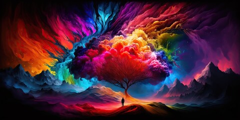 burst of vibrant colors representing the magic and wonder that exist in world waiting to be discovered and experienced, concept of Awe-Inspiring and Joyful, created with Generative AI technology