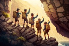 Asian Scouts Boys Hiking In Mountains Sunset Illustration Wallpaper Generative AI