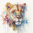 Watercolor lioness portrait painting. Realistic wild animal illustration on white background. Created with Generative AI technology.