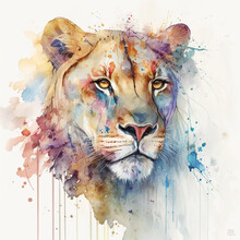 Watercolor Lioness Portrait Painting. Realistic Wild Animal Illustration On White Background. Created With Generative AI Technology.
