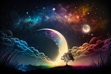 Magical Night Background With Full Moon, Beautiful Rainbow At Starry Night. Fairytale Night Astronomy Starry Night Landscape. Dreamy Fantasy Tree And Luna Moon In Fairy Epic Composition. Generative AI