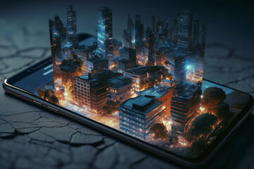 High rise well lit city being projected from the screen of a smartphone, advanced technology concept, generative AI illustration