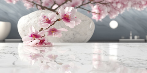 Wall Mural - White marble stone table top with Sakura cherry blossoms on blur bokeh background. For display or montage you products. Blank space for beauty product display